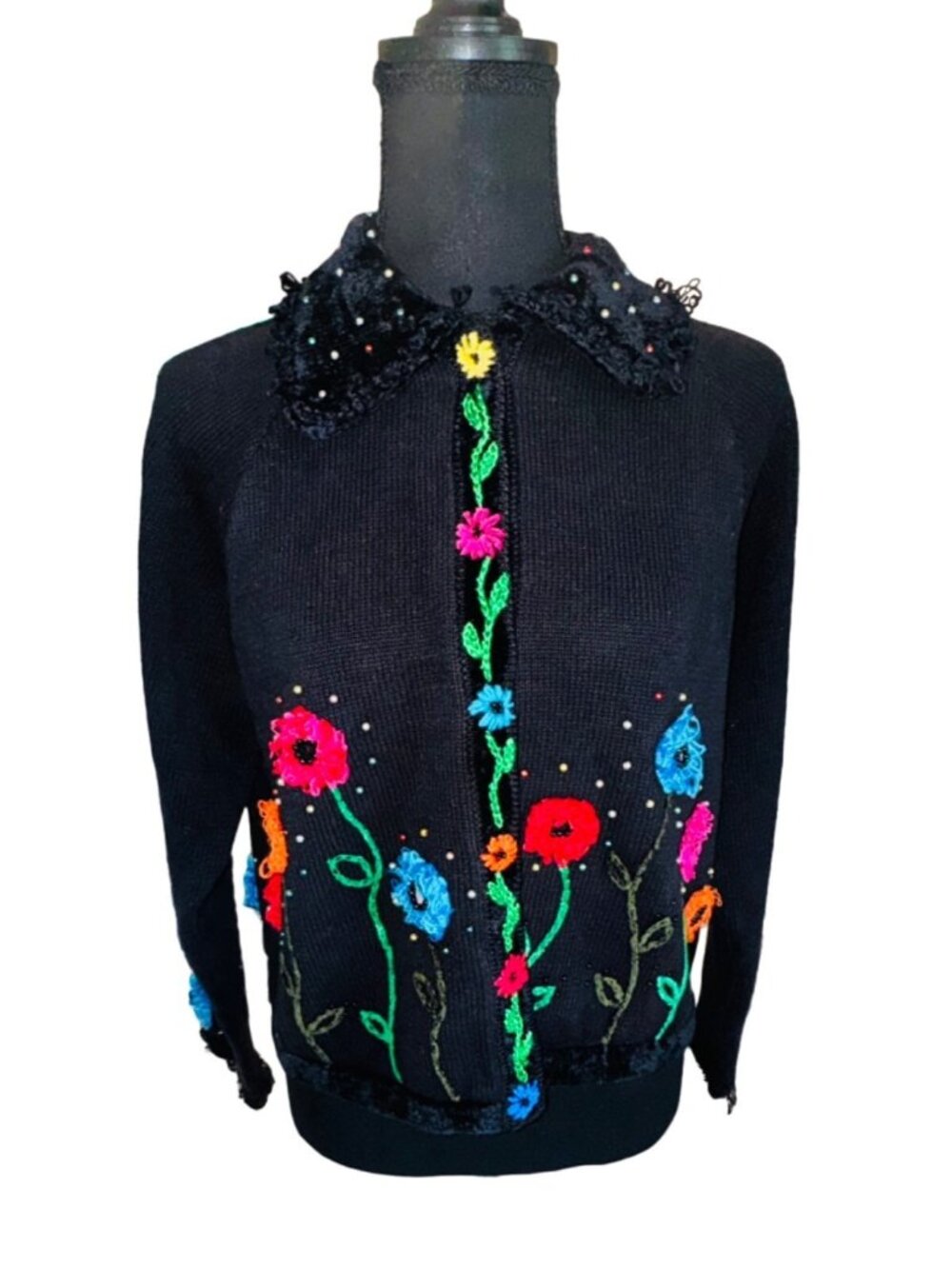 Vintage Berek Takako Floral Embroidery Cardigan Sweater Black Beaded Artsy Boho